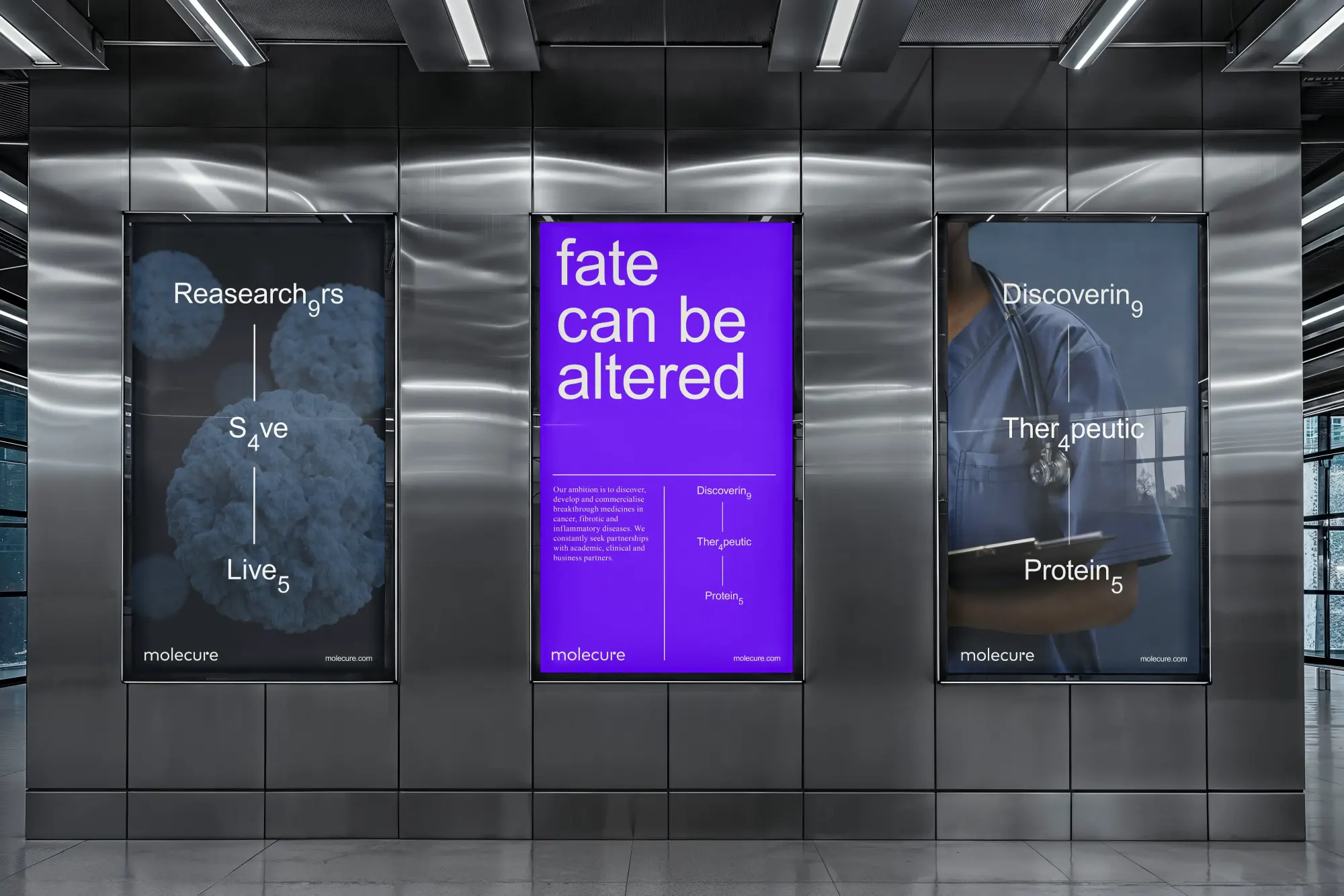 Three molecure transit posters: fate can be altered, with subscript naming system